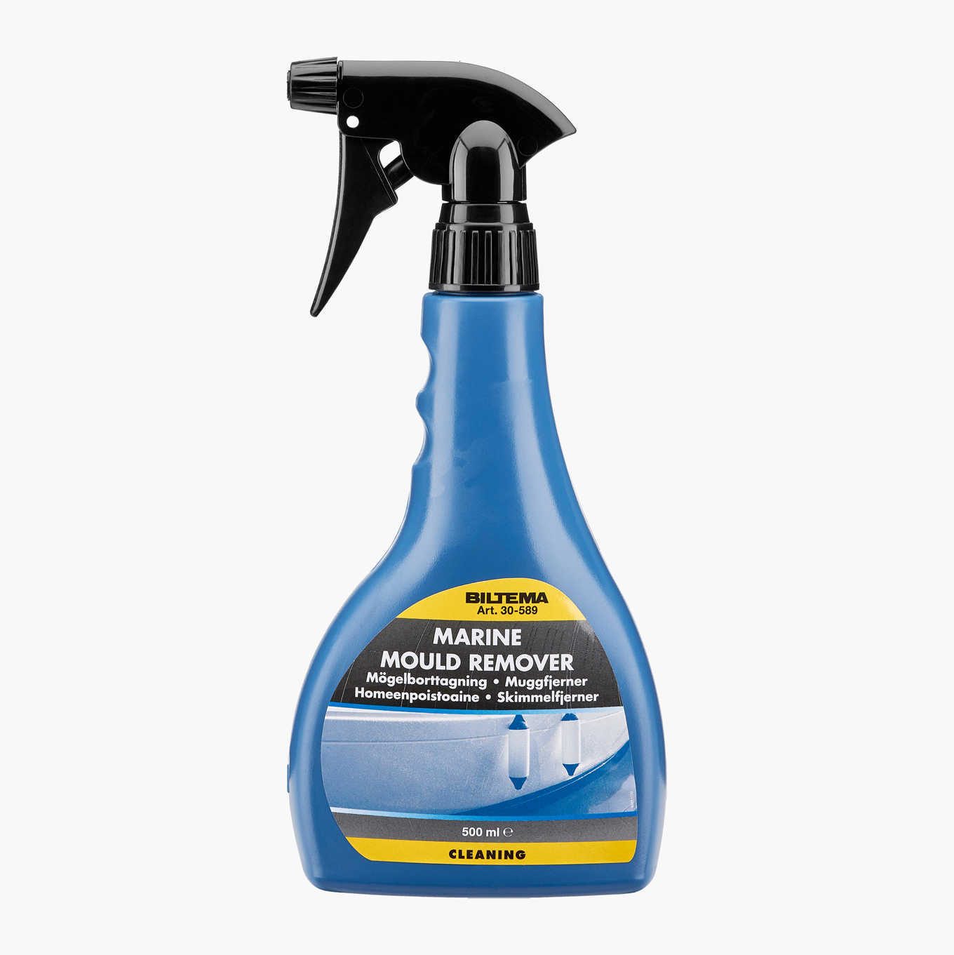 Blue spray bottle of Biltema Marine Mould Remover for cleaning.