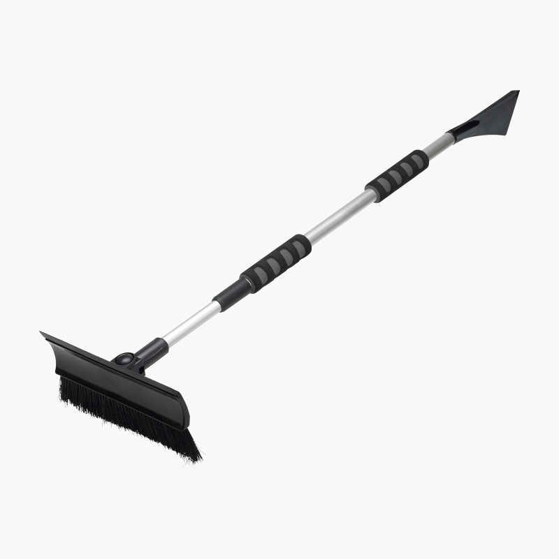 An extendable black and silver snow brush with ice scraper.