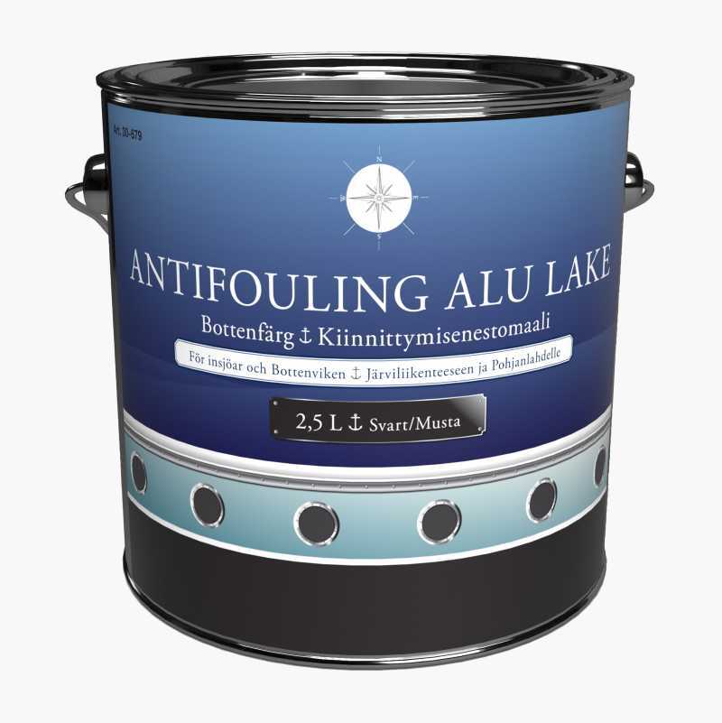 A blue and black 2.5L ANTIFOULING ALU LAKE paint can, with product details and compass logo.