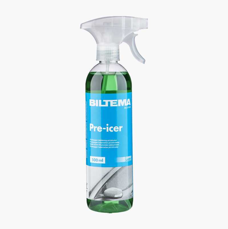 500ml Biltema Pre-icer spray bottle with green liquid for car windows.
