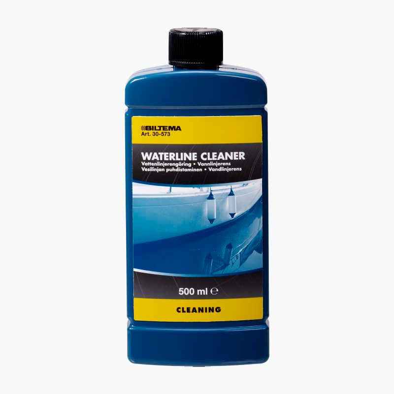A blue bottle of Biltema Waterline Cleaner with a black cap, featuring a yellow and black label.