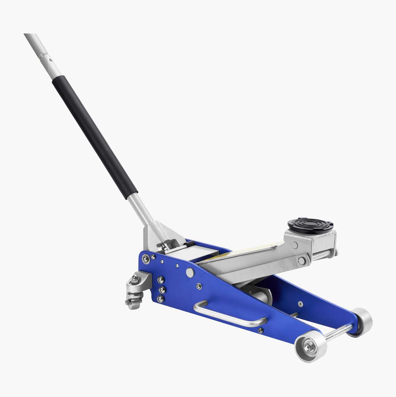 Blue and silver hydraulic floor jack with a long handle and a black rubber saddle.