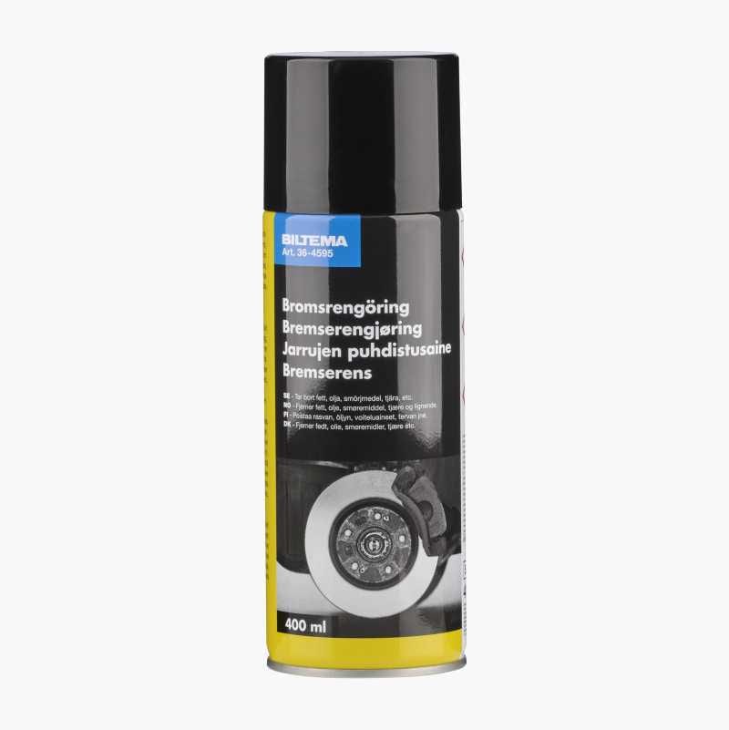 A black and yellow Biltema brake cleaner spray can (400 ml) with text in multiple languages.