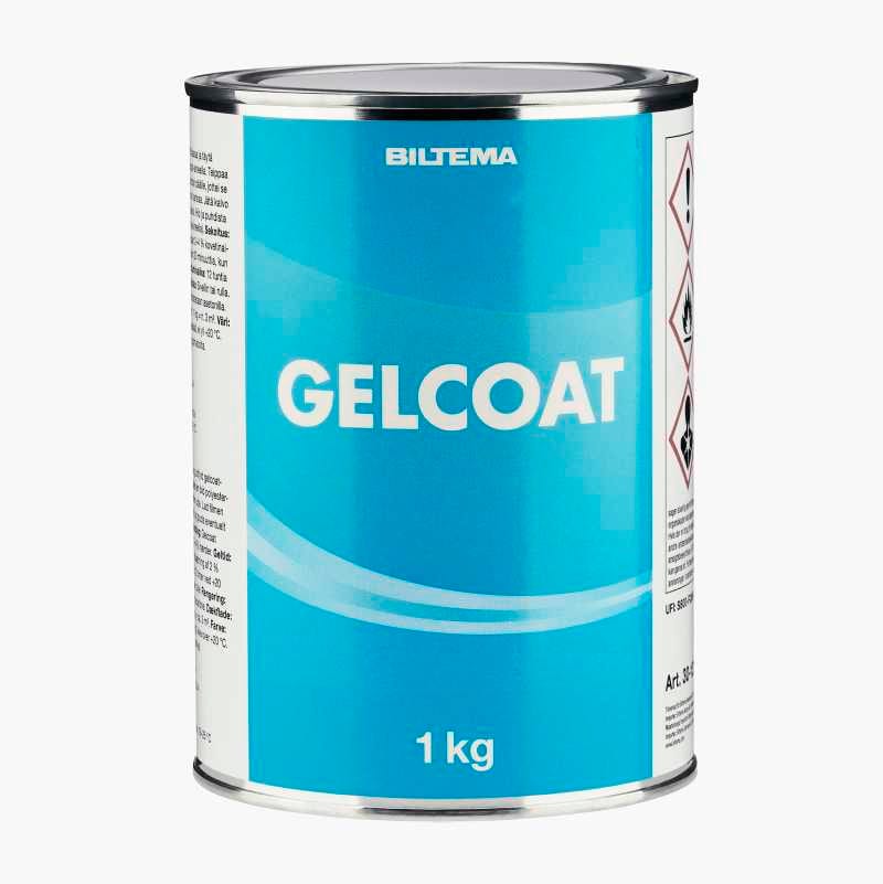 A white and blue can of Biltema Gelcoat, 1 kg, with hazard symbols, on a white background.