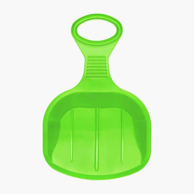 A bright green plastic sand scoop with a loop handle, isolated on a white background.