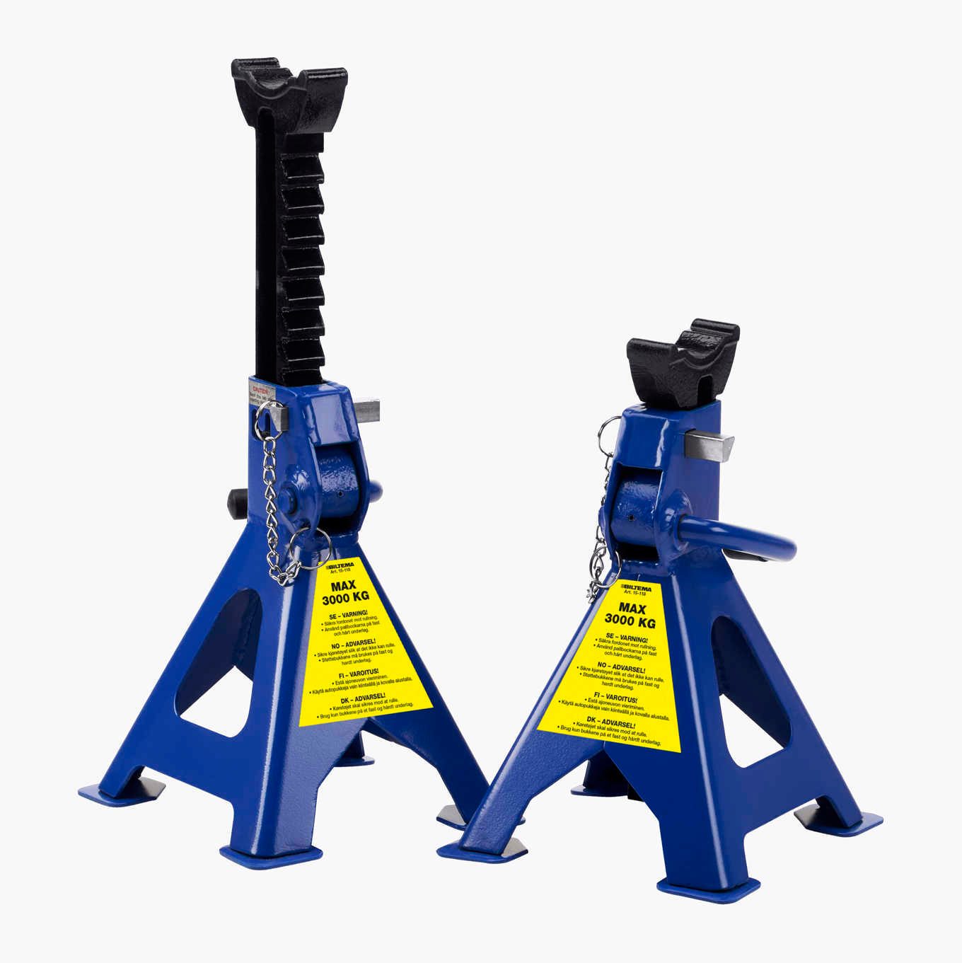 Two blue adjustable car jack stands with 3000kg max capacity.