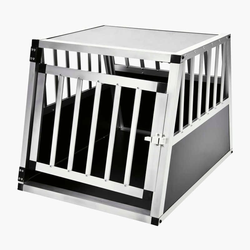 Aluminum dog crate with black panels, a sloped back, and an open front door.