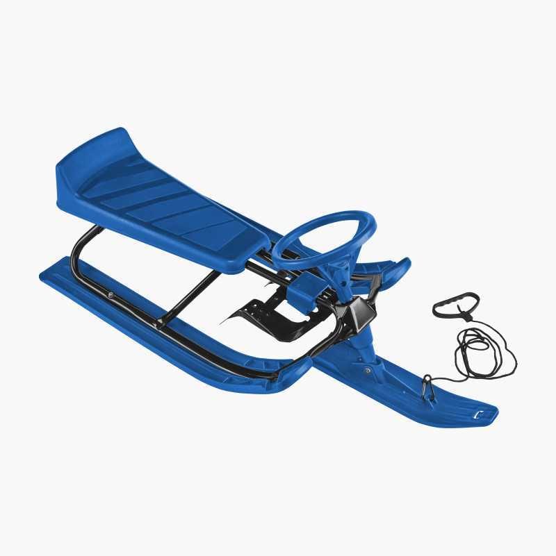 Blue snow sled with a steering wheel and black frame, featuring two runners and a pull rope.