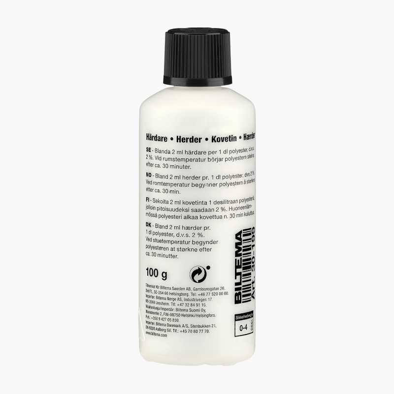 A white bottle with a black cap, featuring multi-language instructions and a Biltema logo for a hardener.