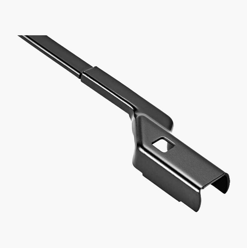 Black metal bracket or support arm with a square cut-out, depicted against a plain white background.