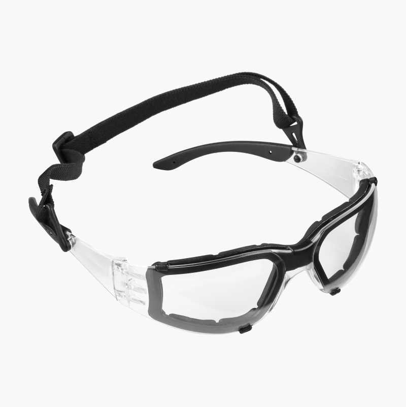Clear safety glasses with black frames and an adjustable elastic strap on a white background.