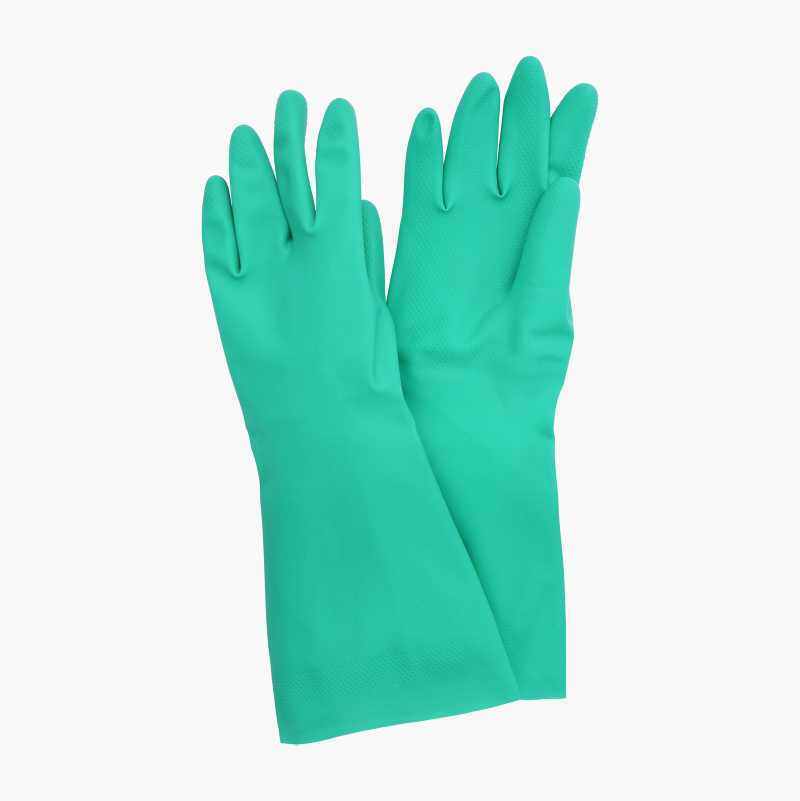 A pair of green rubber gloves, ideal for household cleaning, gardening, or general protection.