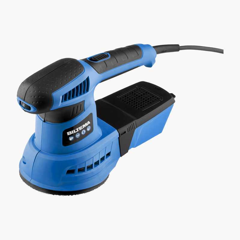 Blue and black electric orbital sander with a dust collection box, used for smoothing surfaces.