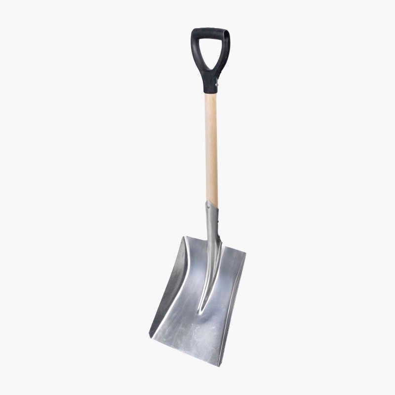 A D-handle shovel with a wooden shaft and a silver metal blade against a white background.