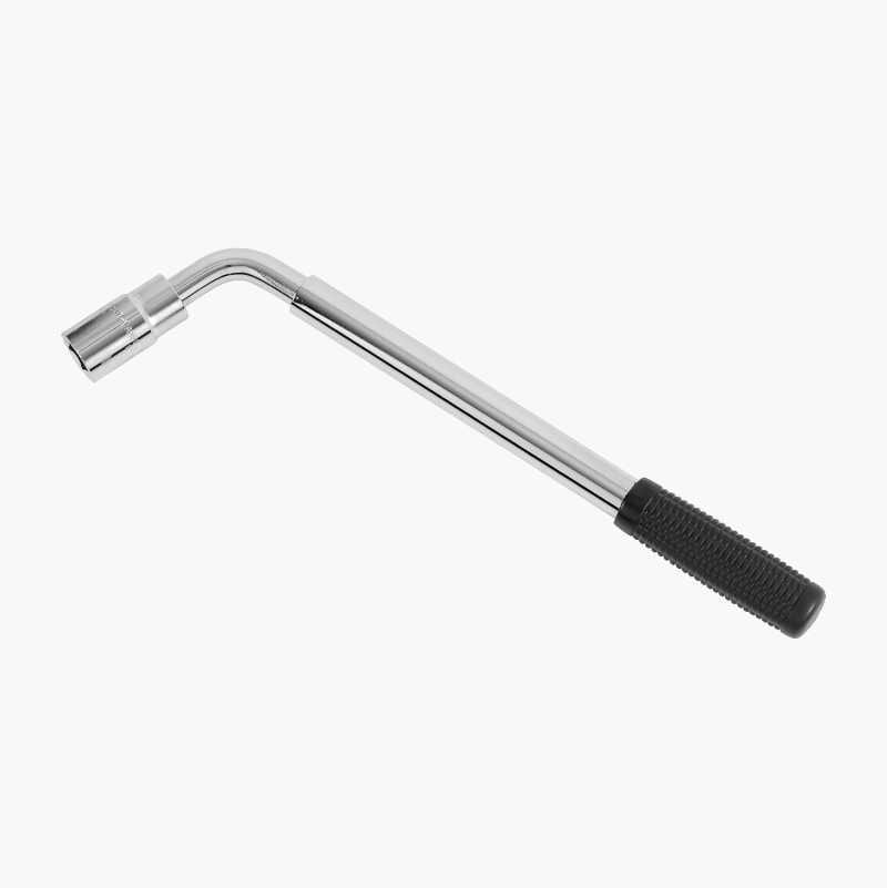 L-shaped chrome lug wrench with a black textured handle.