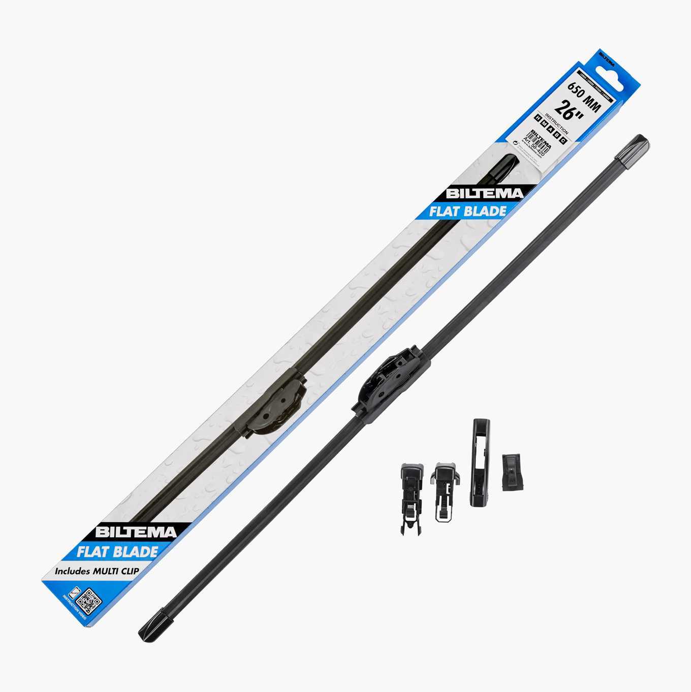Biltema 26-inch (650mm) flat blade windshield wiper, packaged and unpackaged with multi-clips.
