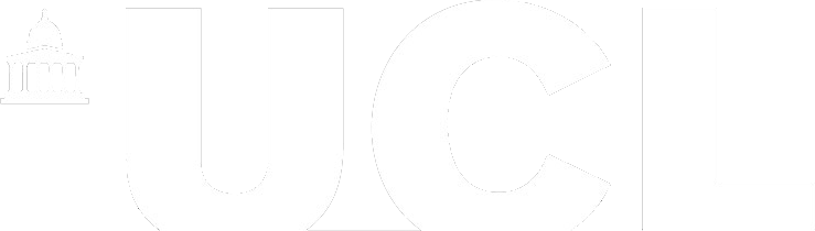 White UCL logo with text and building icon on a dark green background.