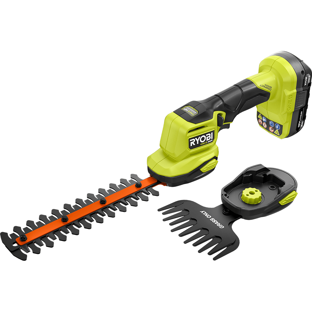 A Ryobi 18V ONE+ hedge trimmer and grass shear combo kit, featuring a lime green and black power unit.