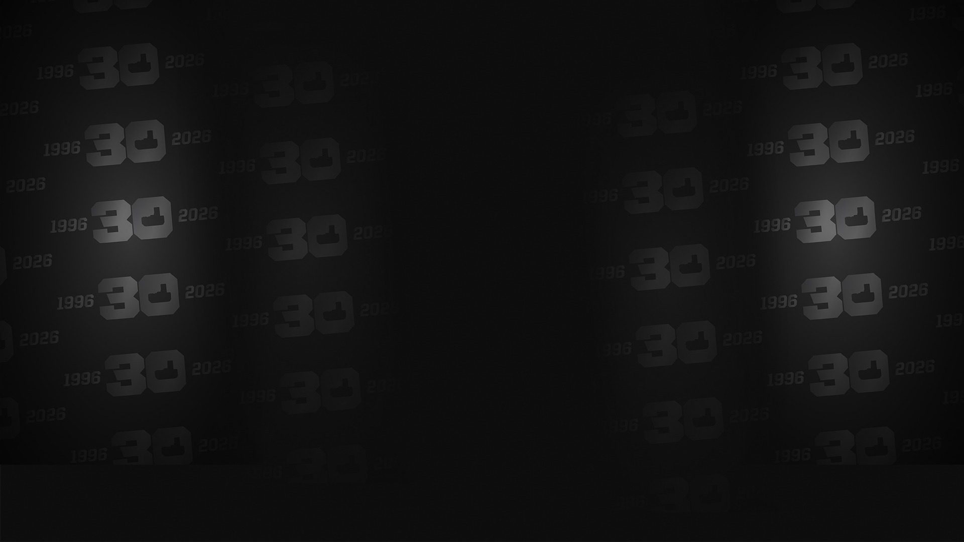 A dark background with a repeating pattern of '1996 30 2026' in a subtle 3D, metallic style.
