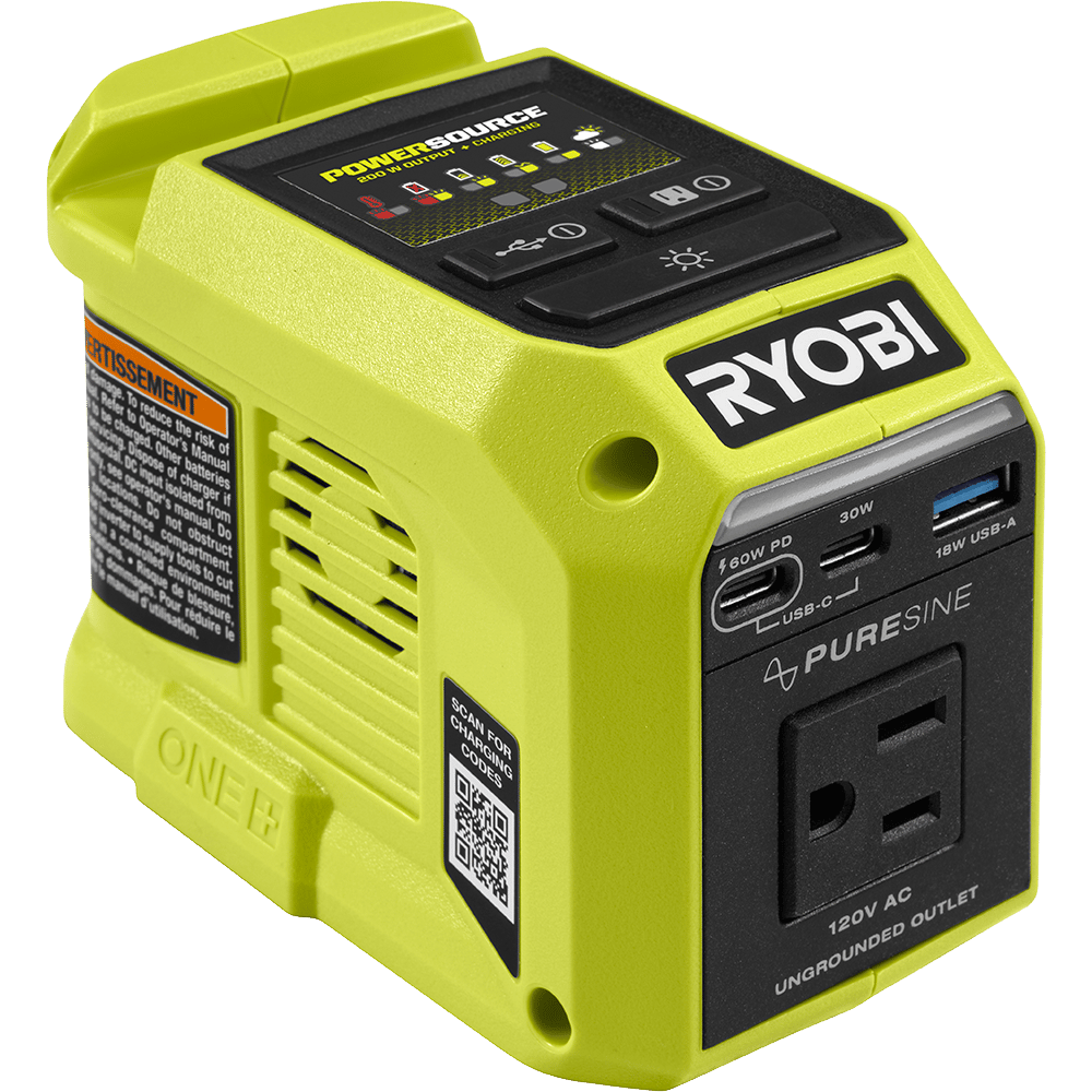 Ryobi Powersource 200W inverter with USB and AC outlets.