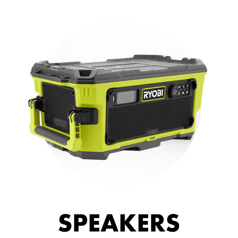 Ryobi green & black jobsite speaker with 'SPEAKERS' text.