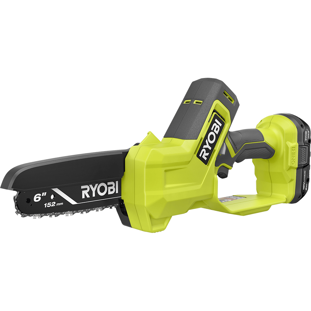 A bright green and black Ryobi 6-inch 18V ONE+ compact chainsaw with a battery pack.