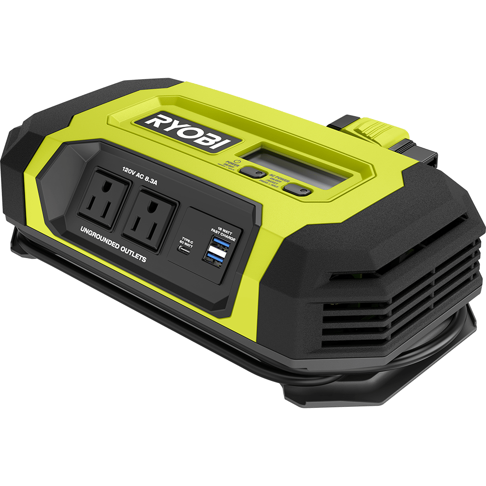 A lime green and black Ryobi portable power station with two AC outlets, USB ports, and a digital display.