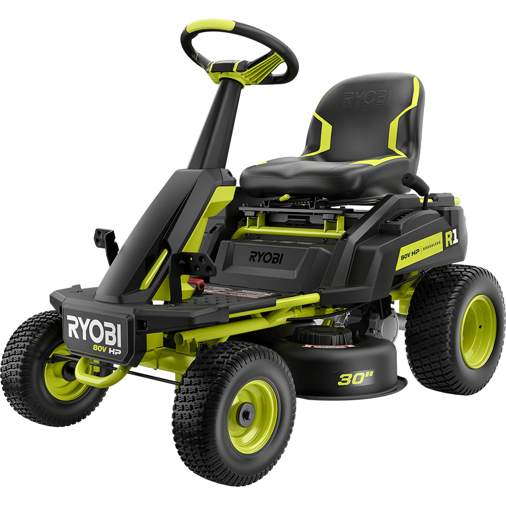 A black and lime green Ryobi 80V HP electric riding lawn mower with a 30-inch cutting deck.