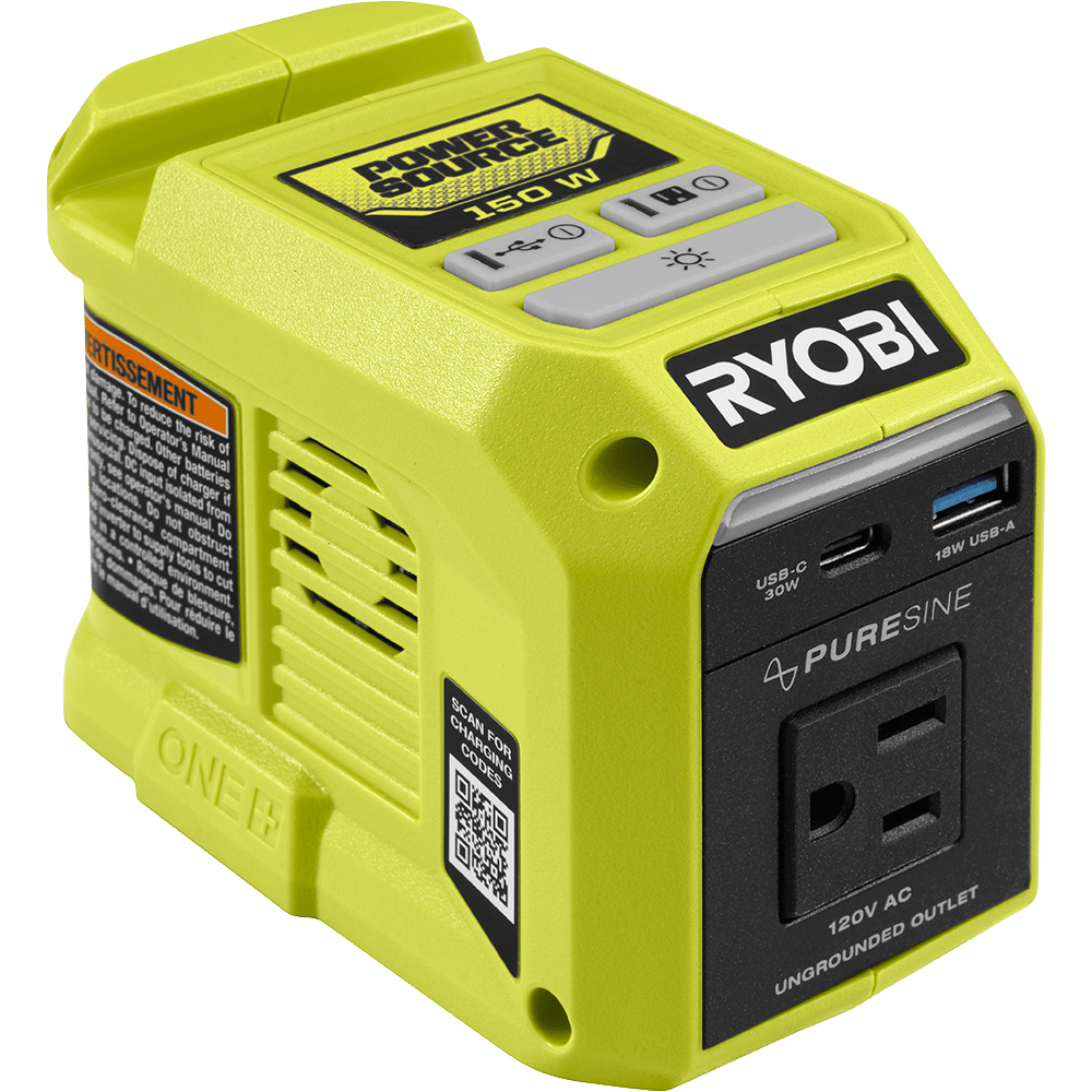 A lime green and black Ryobi Power Source 150W inverter with USB-C, USB-A, and 120V AC outlets.