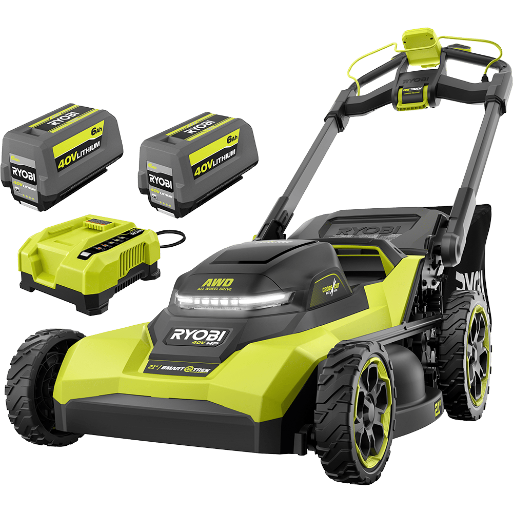 Ryobi 40V HP 21" SmartTrek AWD lawn mower with two 6Ah batteries and a charger, on a green background.