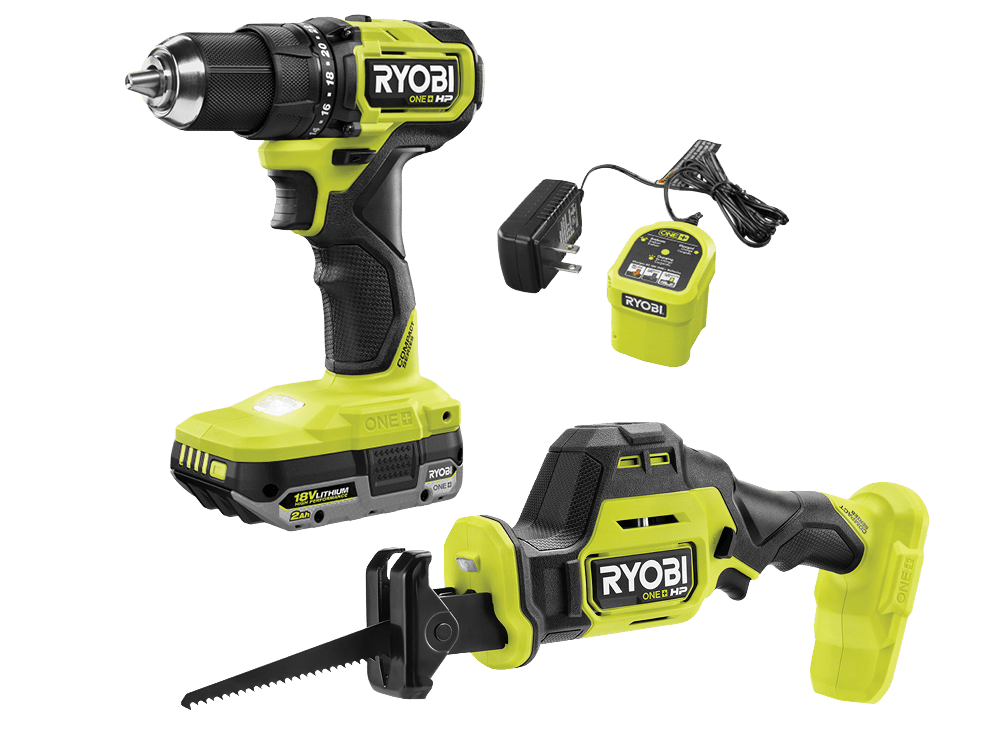 Ryobi ONE+ HP drill, reciprocating saw, and charger.