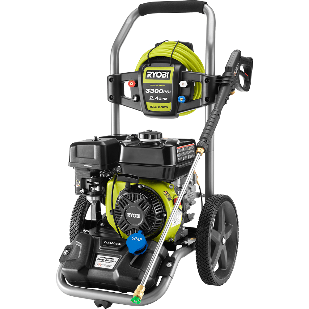 A Ryobi gas pressure washer with a lime green engine, black frame, yellow hose, and spray gun.