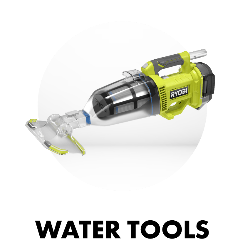 Ryobi green cordless pool vacuum with 'WATER TOOLS' heading.