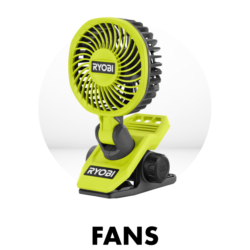 Lime green and black Ryobi clip-on fan.