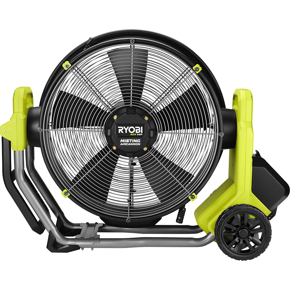Ryobi 40V HP Misting AirCannon fan, green and black, with wheels and handles.