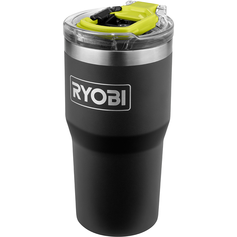Black Ryobi insulated tumbler with clear lid and lime green flip-top closure, standing upright.