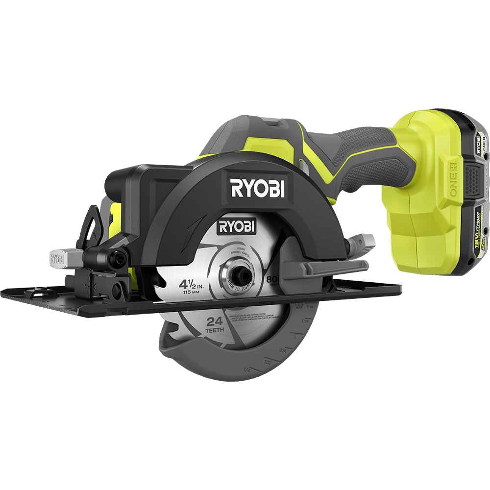 A Ryobi 18V ONE+ cordless 4 1/2 inch circular saw with a 24-tooth blade, yellow and gray, on a green background.