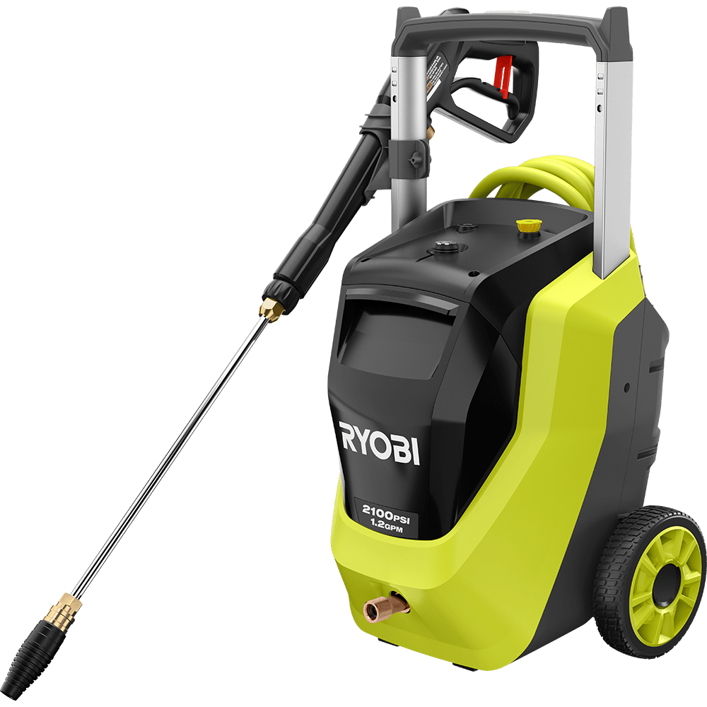 A lime green and black Ryobi 2100 PSI pressure washer with a spray gun and wand, on wheels.