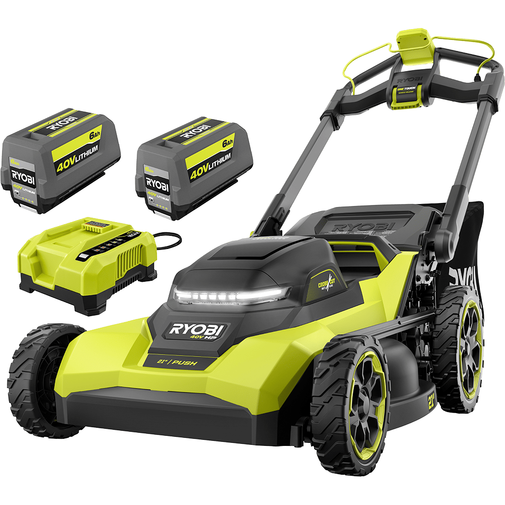 Ryobi 40V HP 21" push mower, two 6Ah lithium batteries, and a charger on a green background.