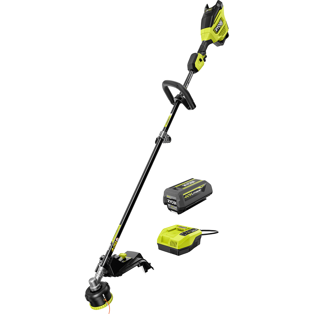 Ryobi 40V Lithium string trimmer with battery and charger against a green background.