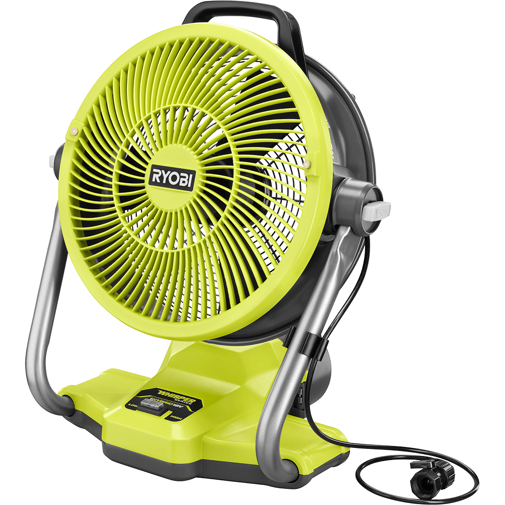 Ryobi portable fan in neon green and gray, with a handle, visible blades, and controls.