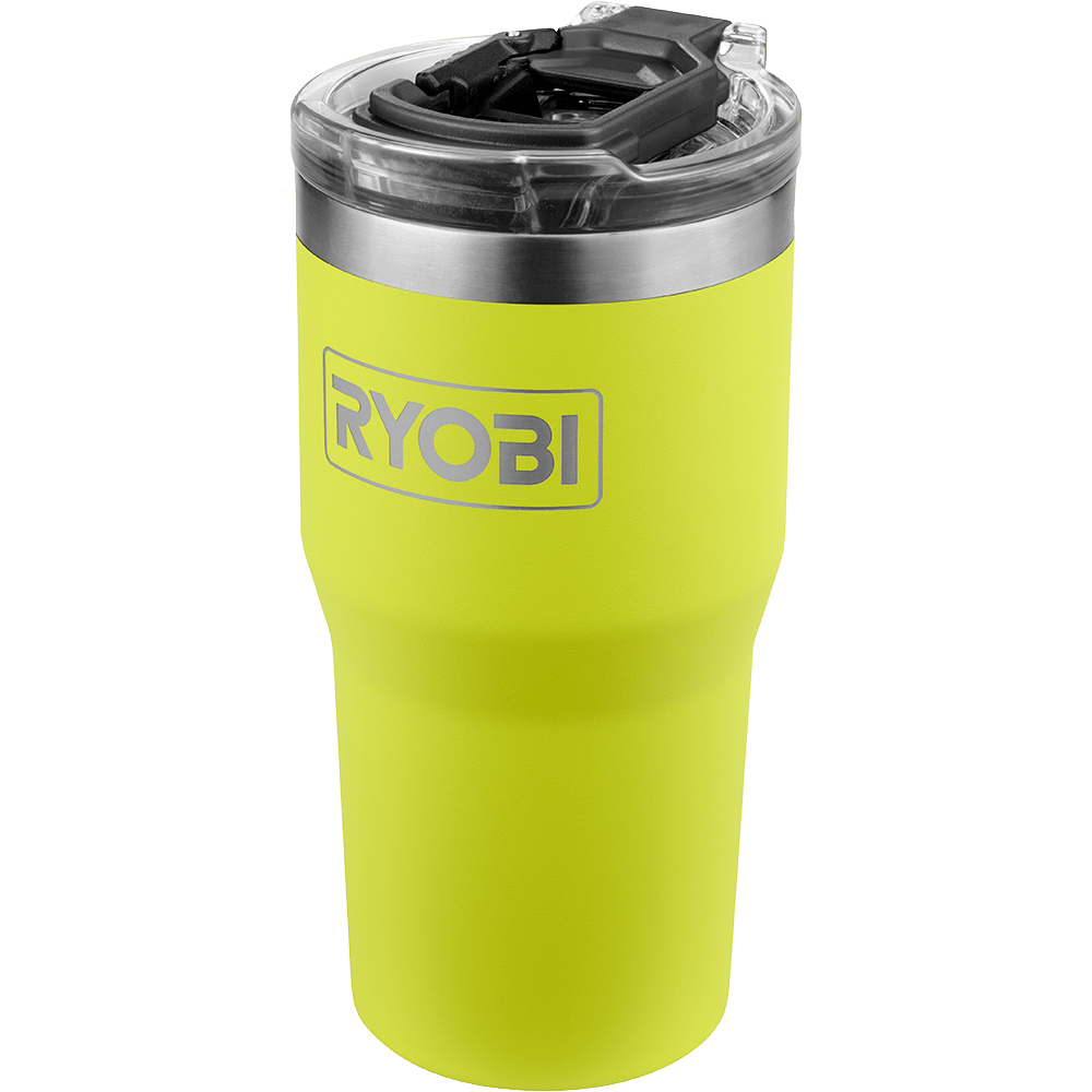 A lime green Ryobi insulated tumbler with a clear lid and a black sip opening, standing upright.