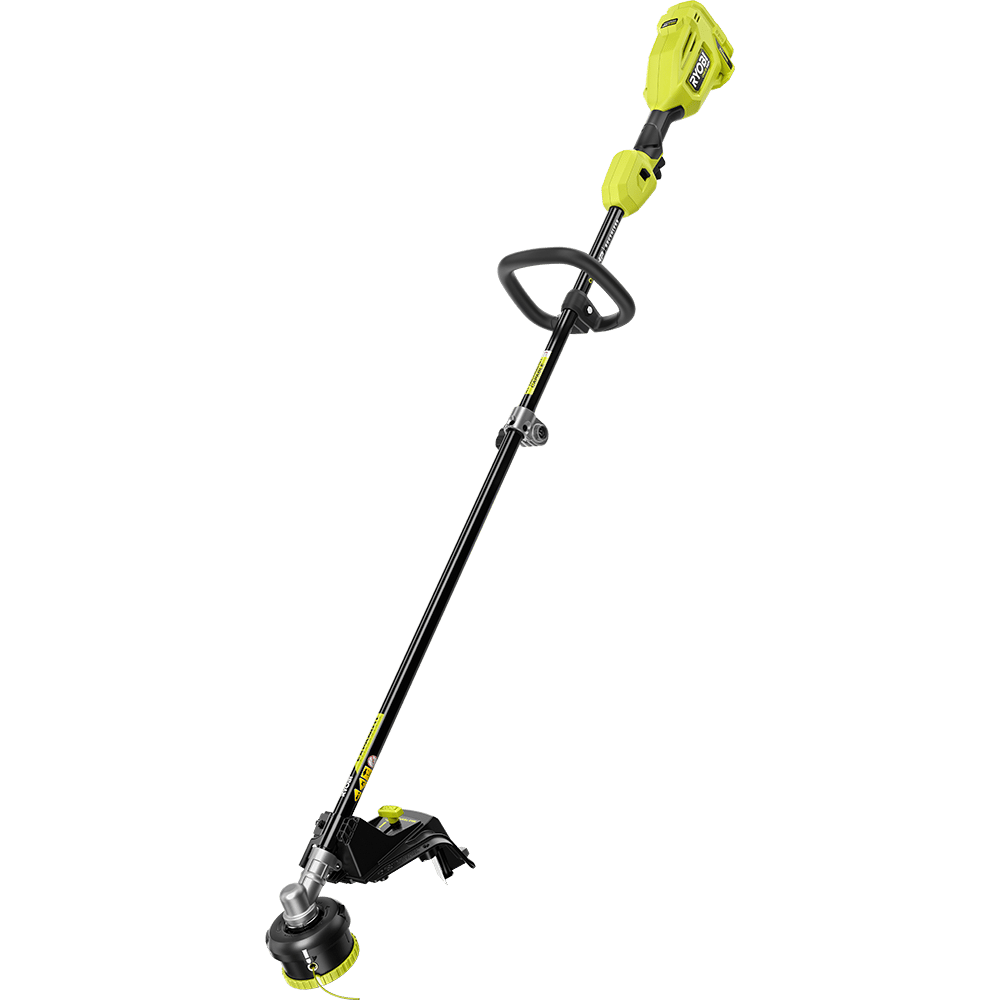 A Ryobi 40V cordless string trimmer in yellow and black, angled on a dark green background.