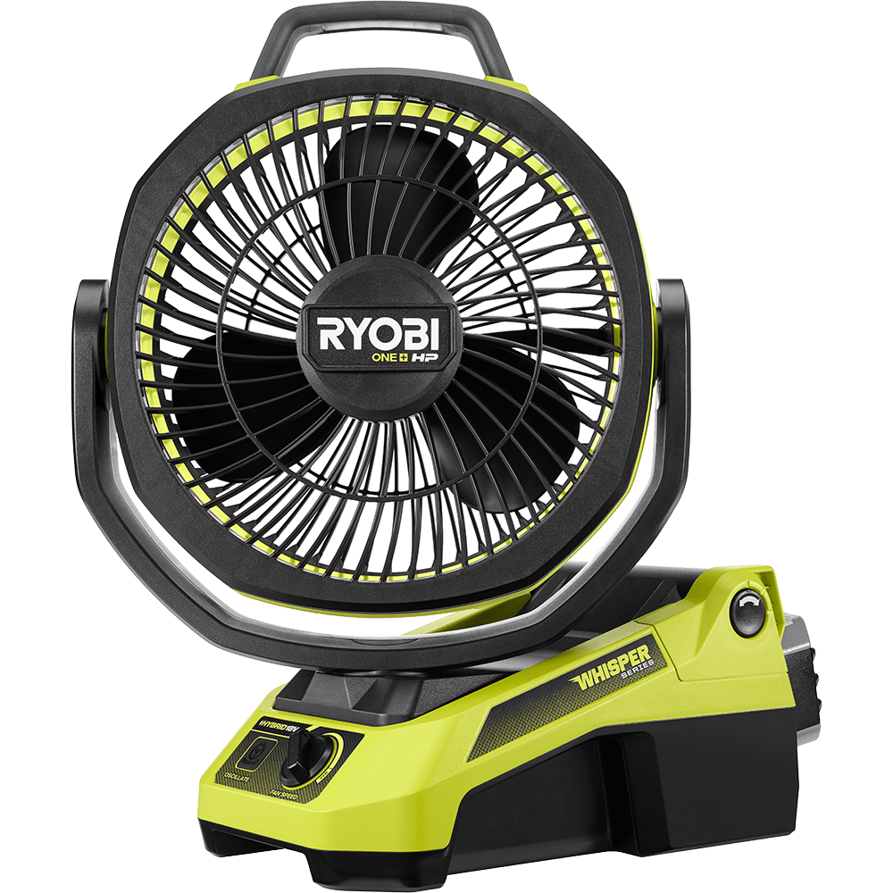 A Ryobi ONE+ HP Whisper Series cordless fan, lime green and black, on a green background.