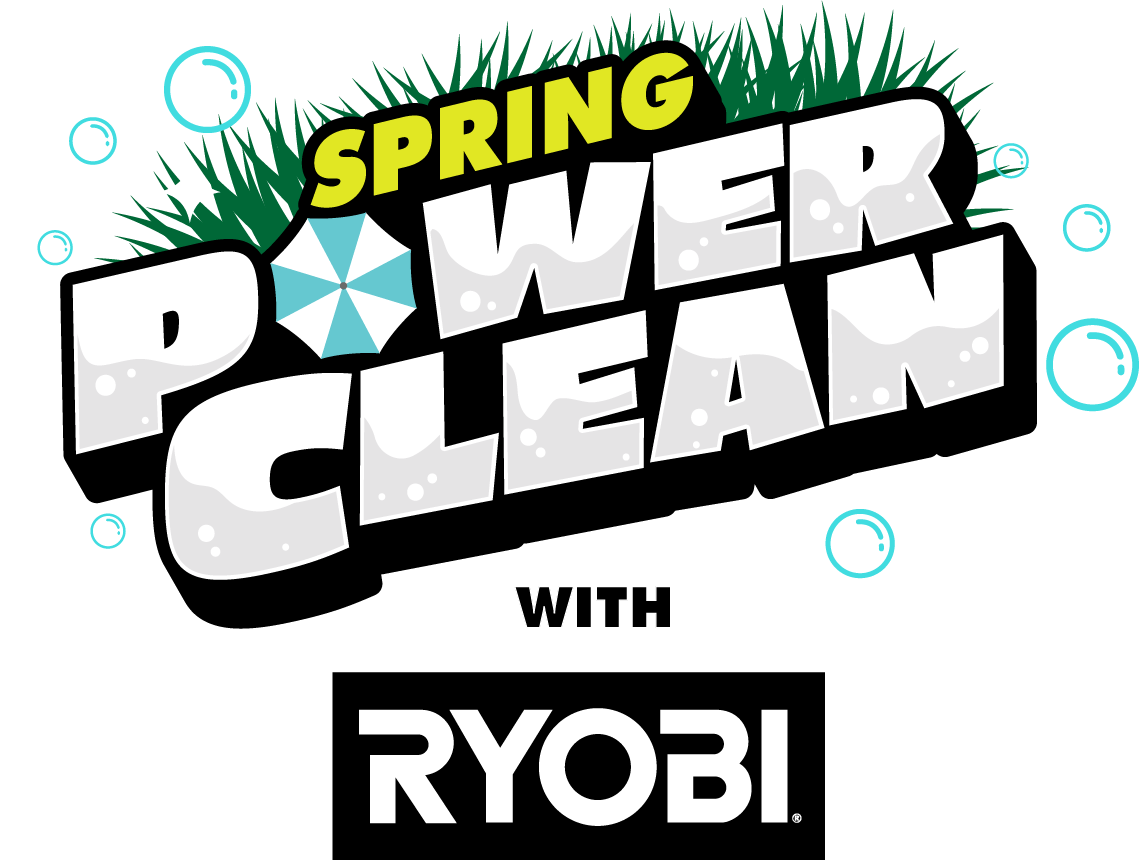 Graphic: 'Spring Power Clean' with umbrella icon and 'WITH RYOBI' logo.