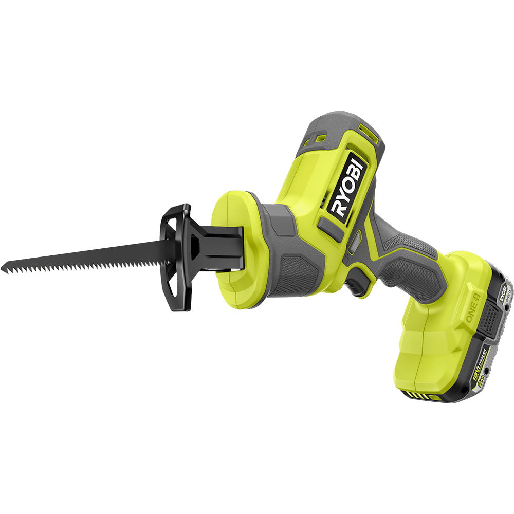 A lime green and grey Ryobi ONE+ 18V cordless reciprocating saw with a black blade.