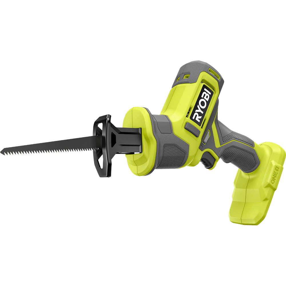 A lime green and gray cordless reciprocating saw with a black blade.