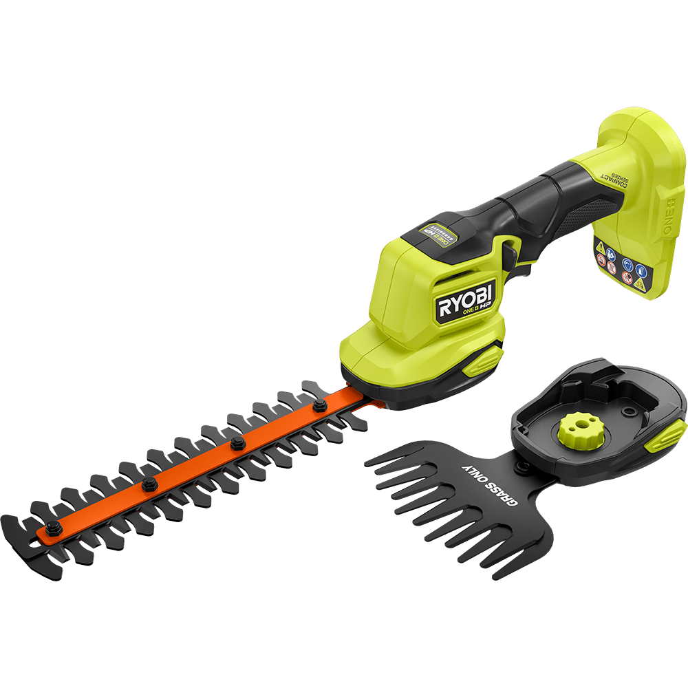 Green Ryobi ONE+ 18V cordless hedge trimmer with an interchangeable grass shear attachment.