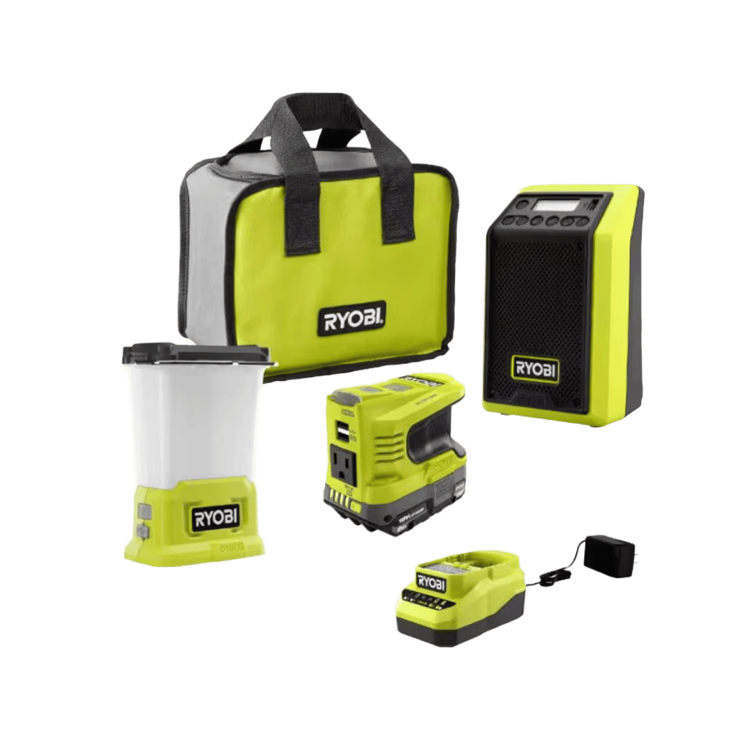 Ryobi kit: carry bag, lantern, speaker, power inverter, and battery.