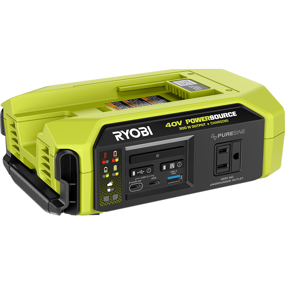 Lime green Ryobi 40V PowerSource, 300W output, with USB-C, USB-A, and 120V AC outlet.